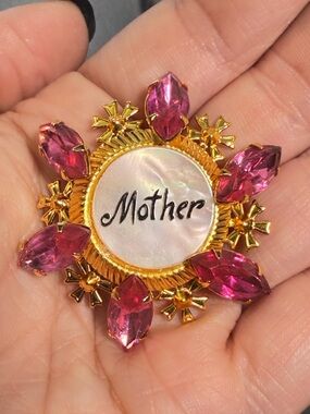 Mother Brooch Pink Rhinestone Floral Gold Tone 1.75"